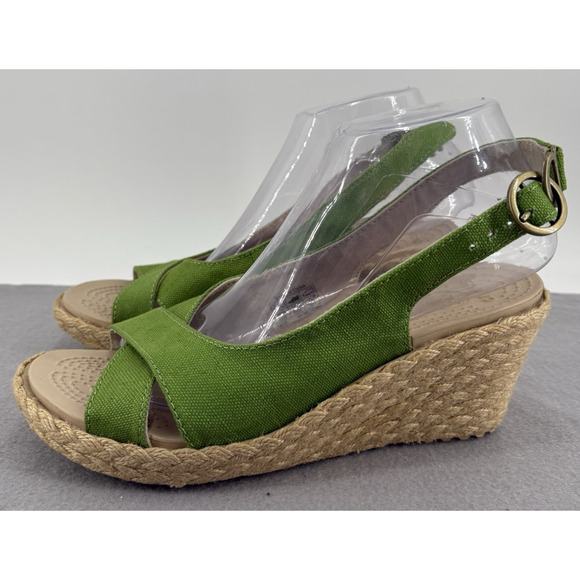 Crocs A Leigh Women’s Size 8 Wedge Platform Slingback Sandals Green Canvas EUC! - Picture 1 of 16